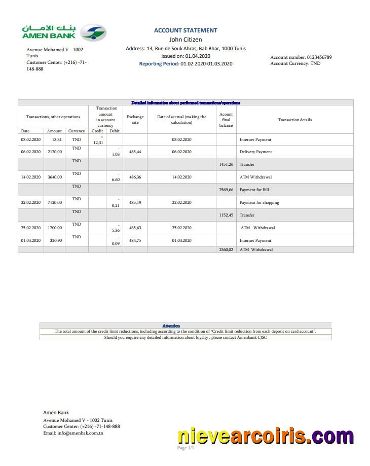 Tunisia Amen Bank statement easy to fill in Word and PDF format